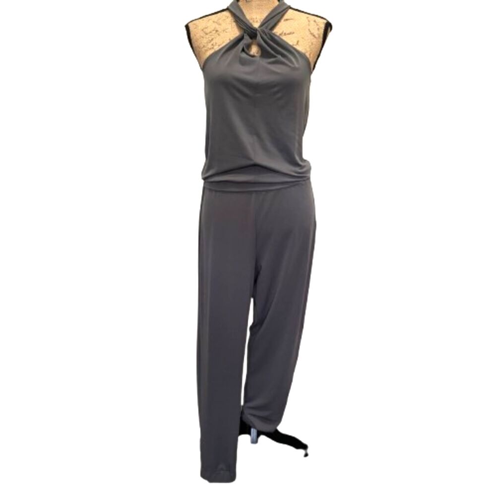 DKNY Gray Keyhole Halter Neck Jumpsuit Tapered Leg Blouson Fit Size Small